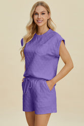 Double Take Full Size Pocketed Texture Round Neck Top and Shorts Set OutfitFlow